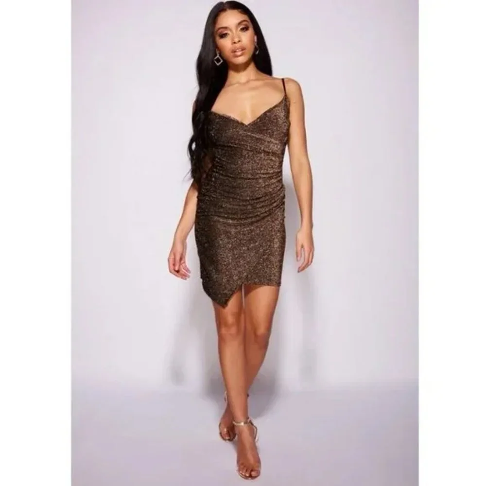 Metallic Glitter Sleeveless V-Neck Ruched Wrap Bodycon Mini Dress - Picture 2 of 13